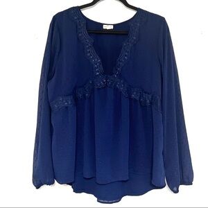 Mason & Belle navy blue lace long sleeve v-neck blouse